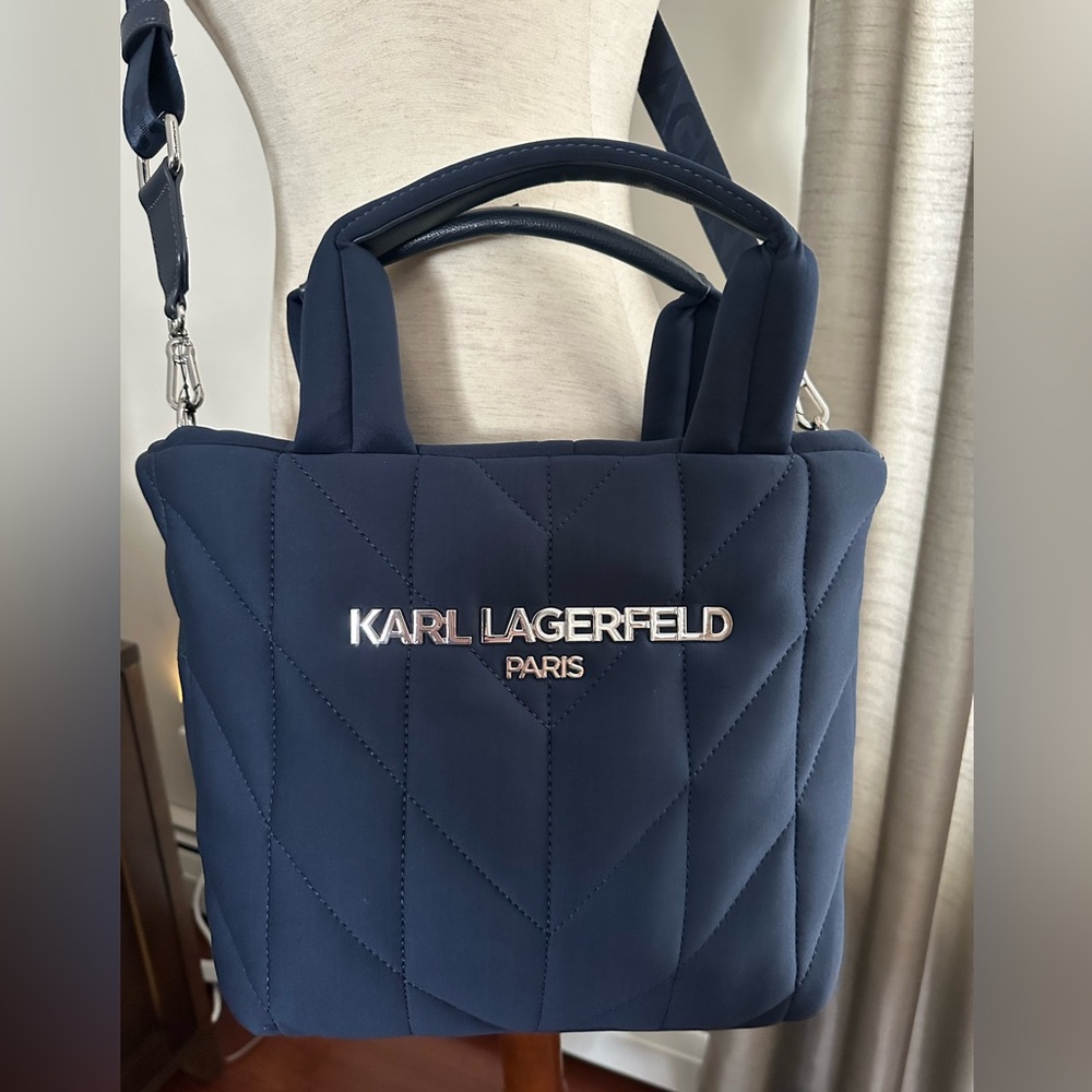 Karl Lagerfeld Navy Quilted Tote Bag with Silver Logo